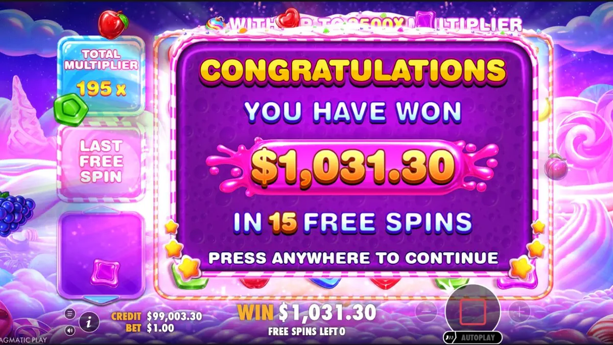 Tampilan visual penuh warna dari slot Sweet Bonanza 2500 dengan simbol permen dan buah