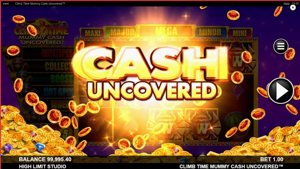 Tampilan visual slot Climb Time Mummy Cash Uncovered dengan tema malam Mesir