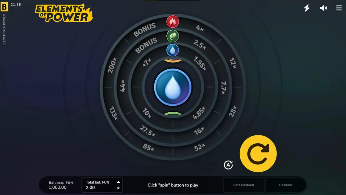 Tampilan antarmuka slot Elements of Power dengan elemen alam yang bercahaya